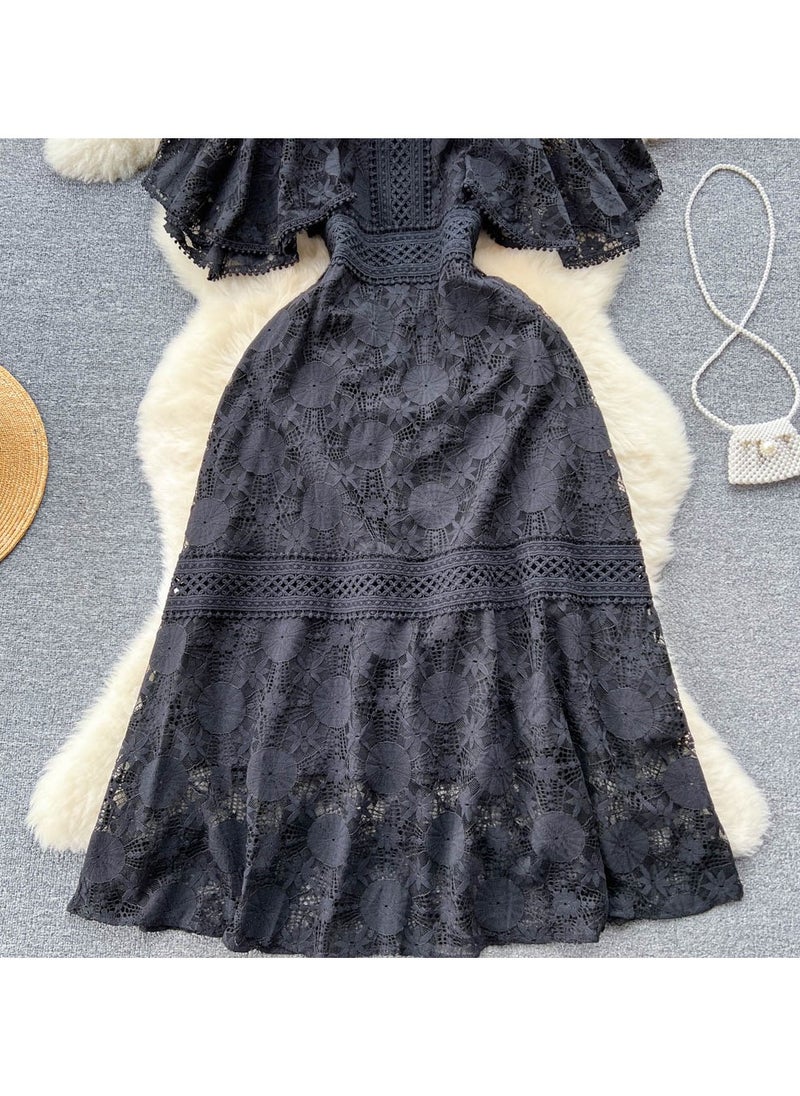 New Collar Heavy Industry Hook Flower Hollow Lace Dress