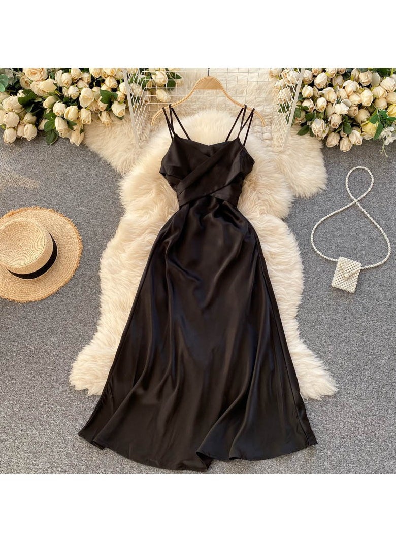 New High-End Cross V-neck Evening Gown Slim Fit Mid Length Skirt