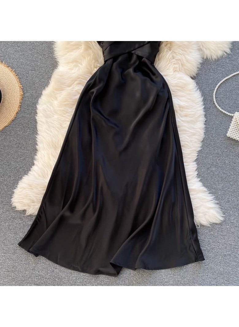 New High-End Cross V-neck Evening Gown Slim Fit Mid Length Skirt