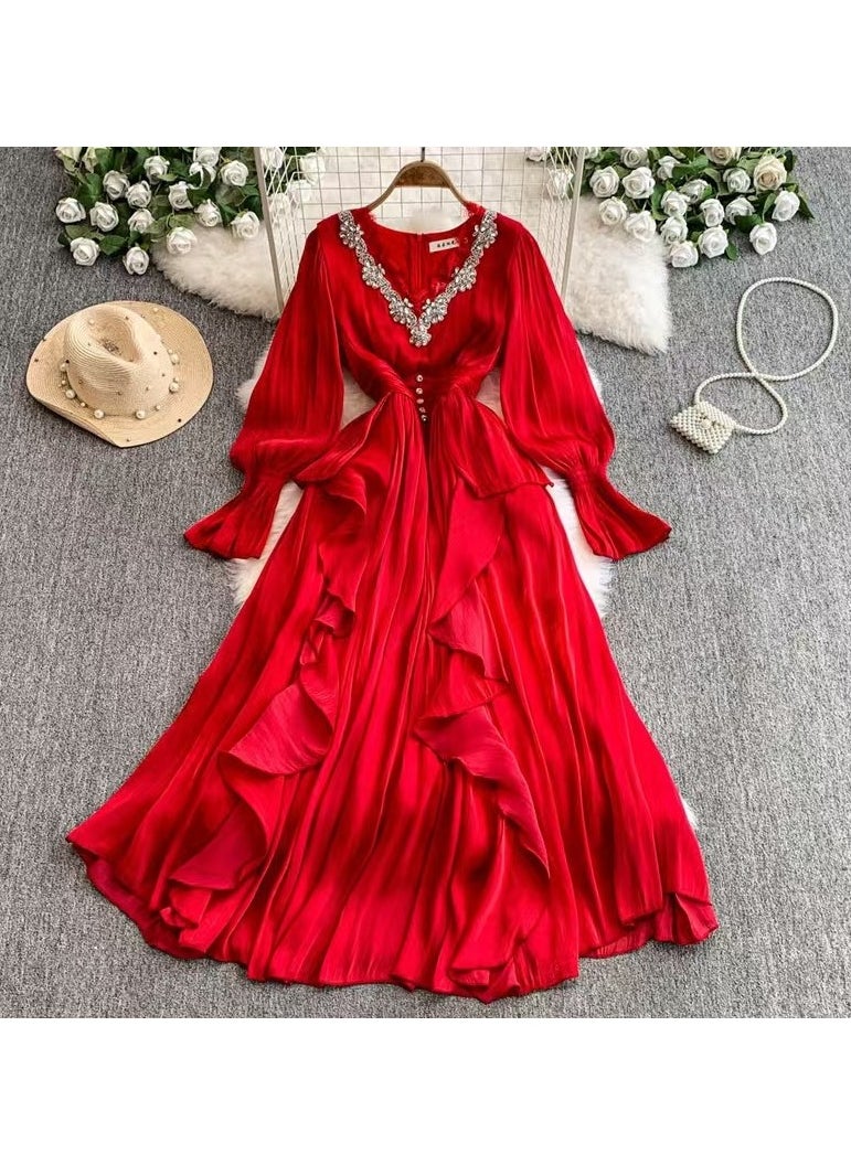 New Fashion Heavy Industry Embroidered Beads and Diamonds V-neck Waist Collection Style Palace Style Dress
