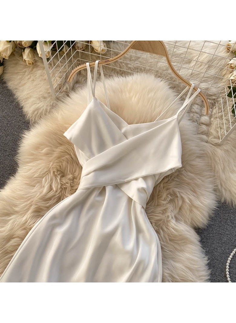New High-End Cross V-neck Evening Gown Slim Fit Mid Length Skirt
