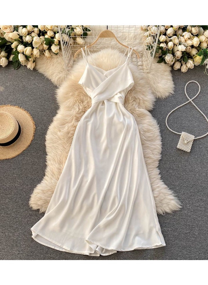New High-End Cross V-neck Evening Gown Slim Fit Mid Length Skirt