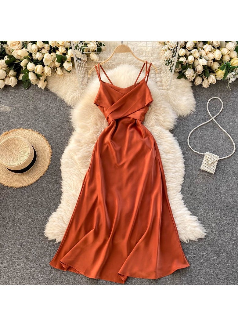 New High-End Cross V-neck Evening Gown Slim Fit Mid Length Skirt