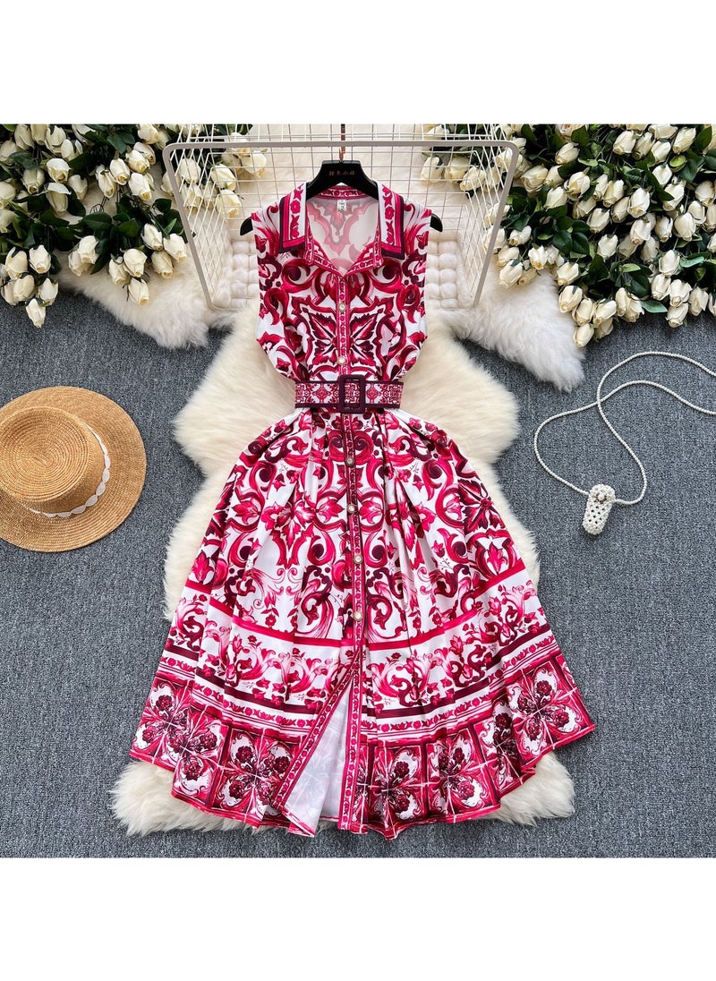Retro Court Style Sleeveless Waist Cinching Slimming Printed Dress
