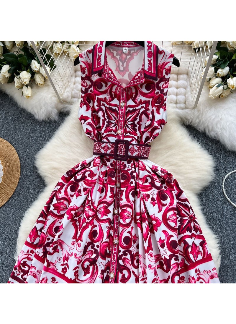 Retro Court Style Sleeveless Waist Cinching Slimming Printed Dress