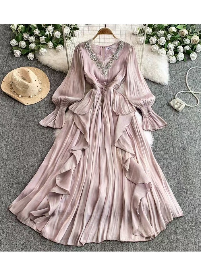 New Fashion Heavy Industry Embroidered Beads and Diamonds V-neck Waist Collection Style Palace Style Dress