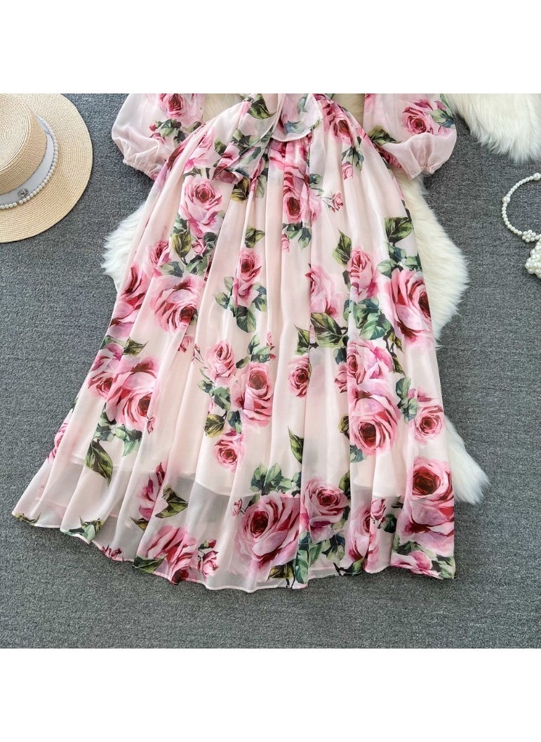 Seven Quarter Sleeve Bow Tie Waist Cinching A-Line Printed Chiffon Dress