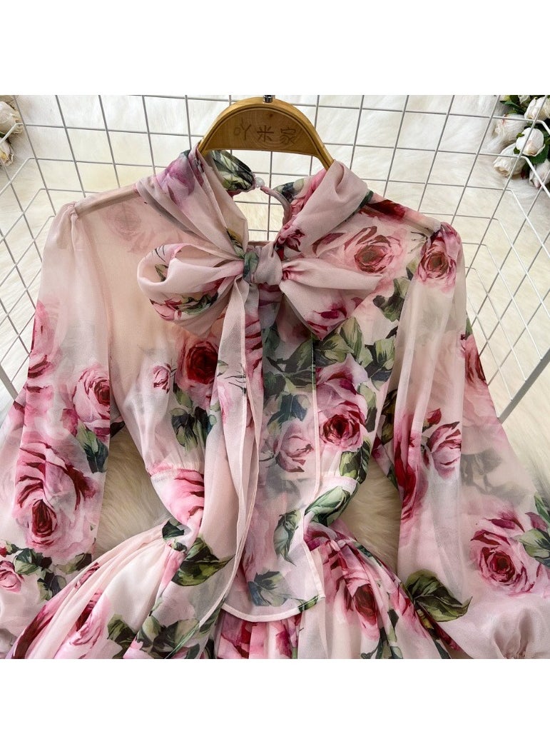 Seven Quarter Sleeve Bow Tie Waist Cinching A-Line Printed Chiffon Dress