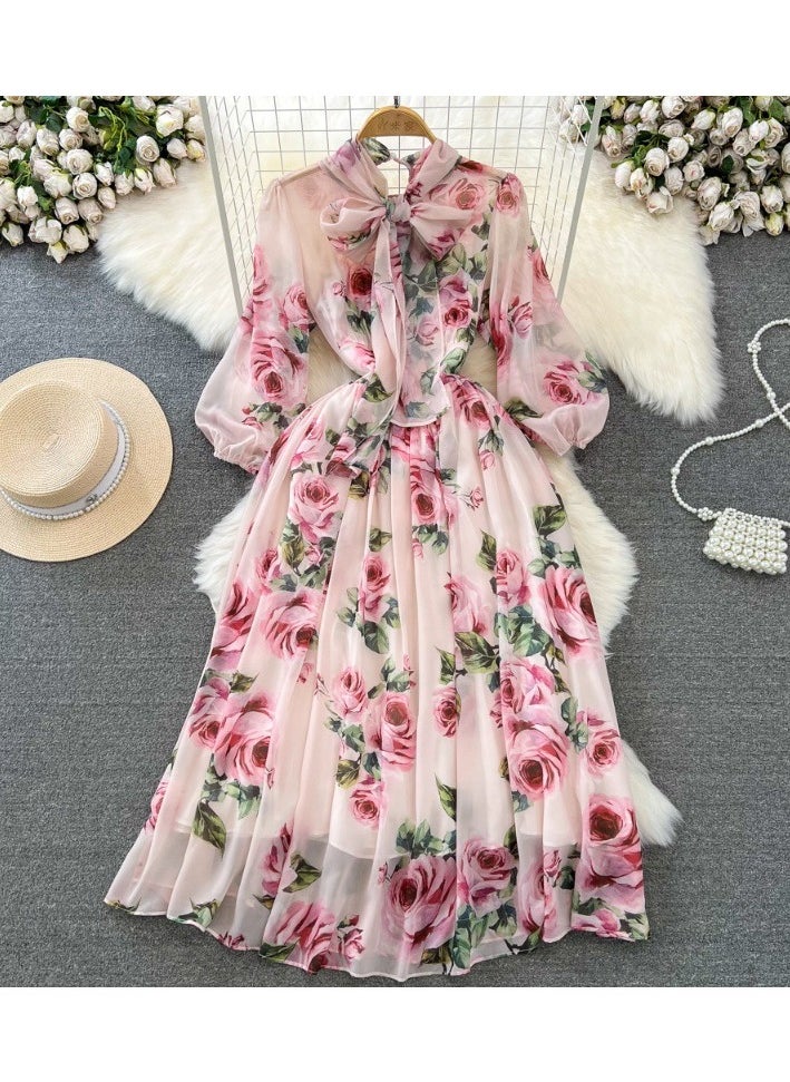 Seven Quarter Sleeve Bow Tie Waist Cinching A-Line Printed Chiffon Dress