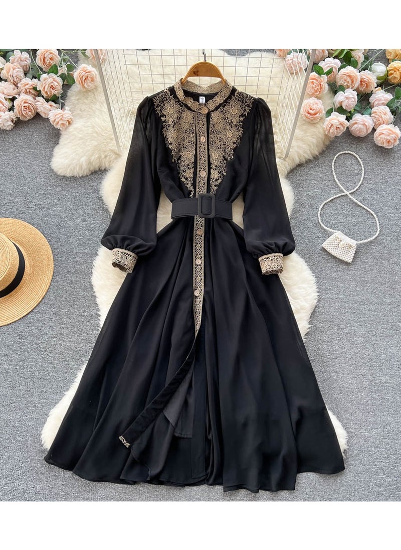 New Lace Patchwork Waist Cinching Long Sleeved Dress