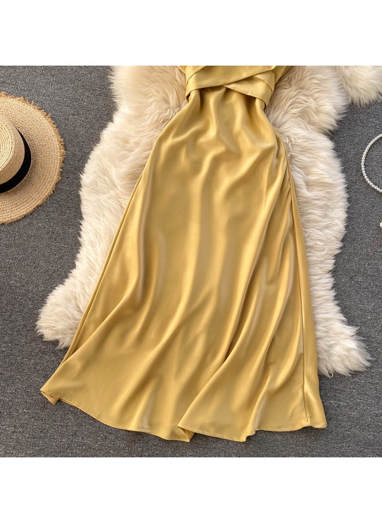 New High-End Cross V-neck Evening Gown Slim Fit Mid Length Skirt