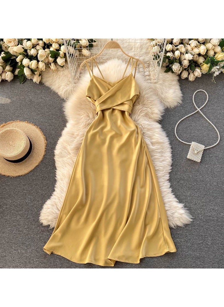 New High-End Cross V-neck Evening Gown Slim Fit Mid Length Skirt