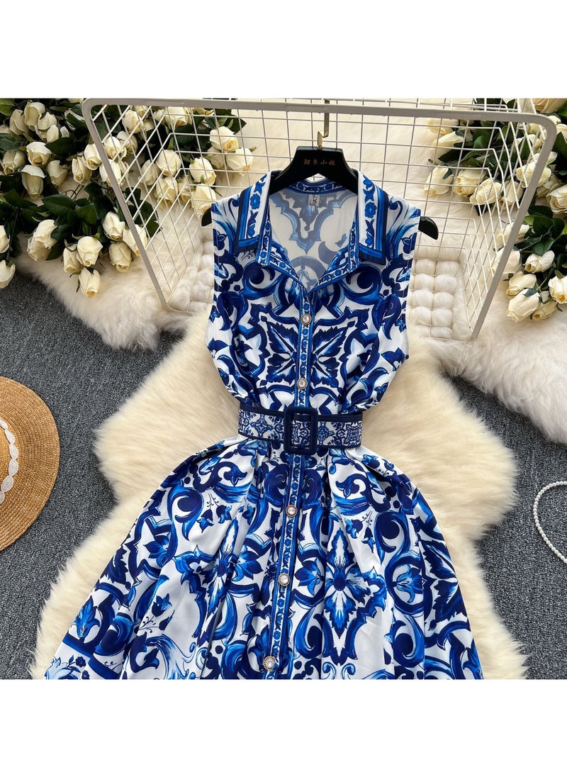Retro Court Style Sleeveless Waist Cinching Slimming Printed Dress