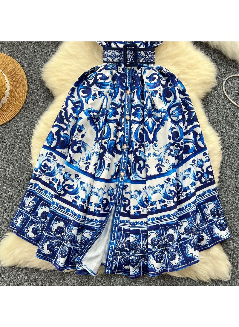 Retro Court Style Sleeveless Waist Cinching Slimming Printed Dress