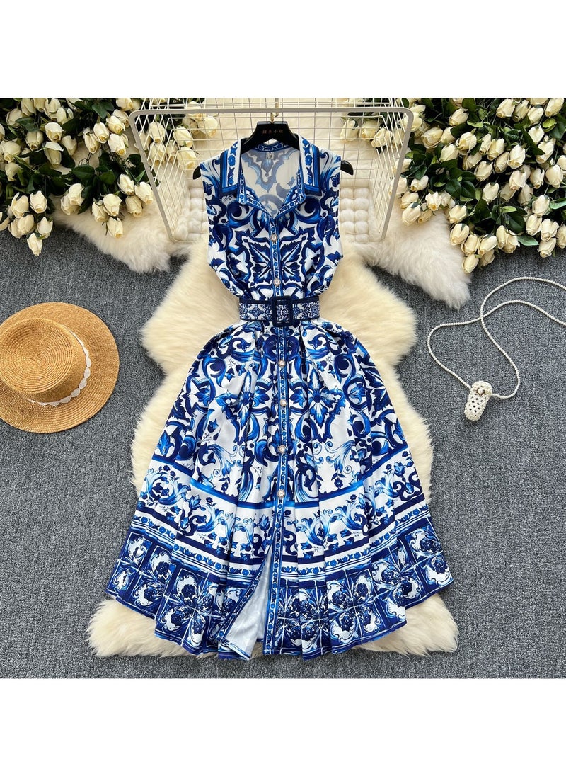 Retro Court Style Sleeveless Waist Cinching Slimming Printed Dress