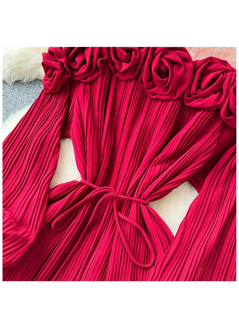 New Fashion Heavy Industry Three Dimensional Flower Perspective Mesh Splicing Long Sleeve Waist Folding Dress