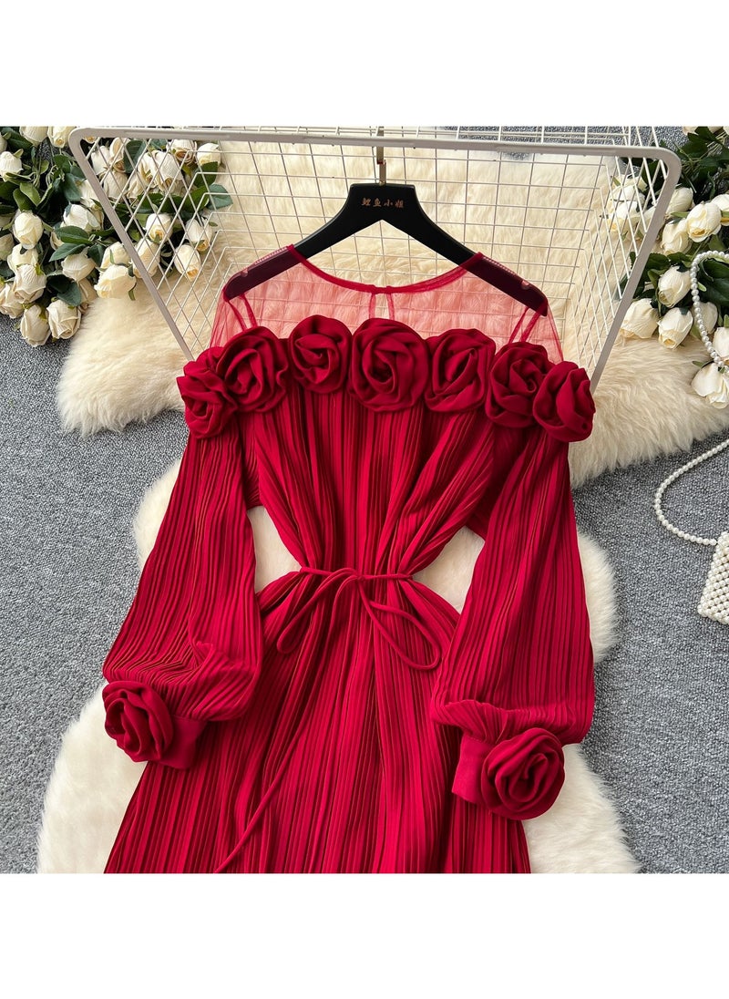New Fashion Heavy Industry Three Dimensional Flower Perspective Mesh Splicing Long Sleeve Waist Folding Dress