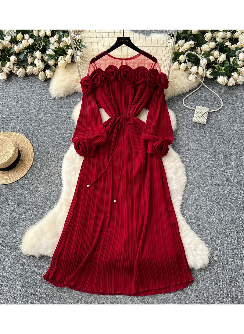 New Fashion Heavy Industry Three Dimensional Flower Perspective Mesh Splicing Long Sleeve Waist Folding Dress