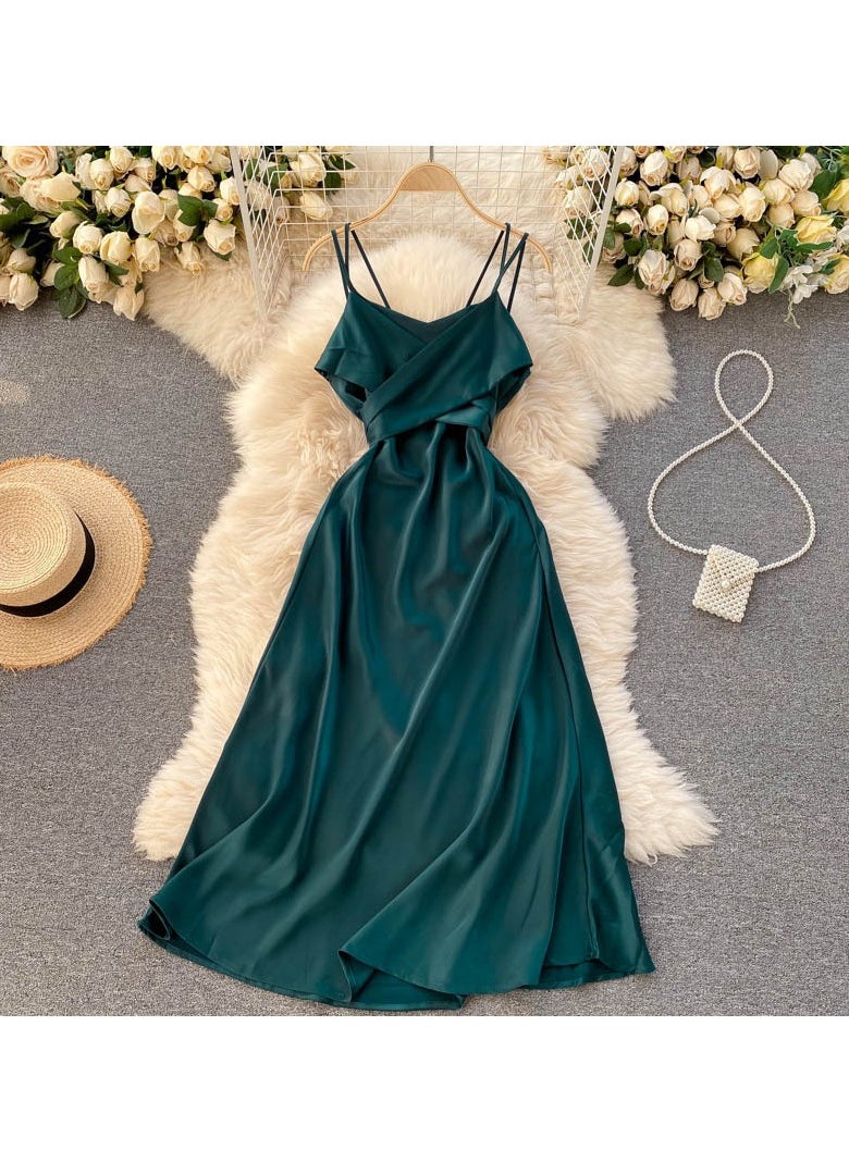 New High-End Cross V-neck Evening Gown Slim Fit Mid Length Skirt