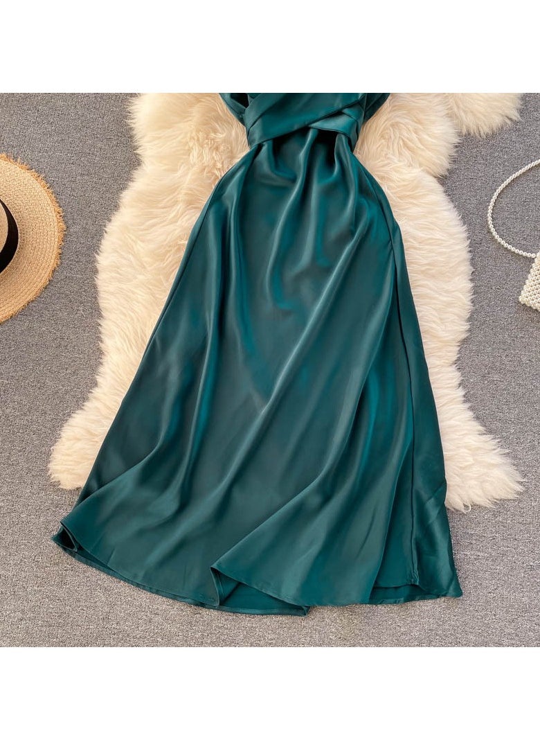 New High-End Cross V-neck Evening Gown Slim Fit Mid Length Skirt
