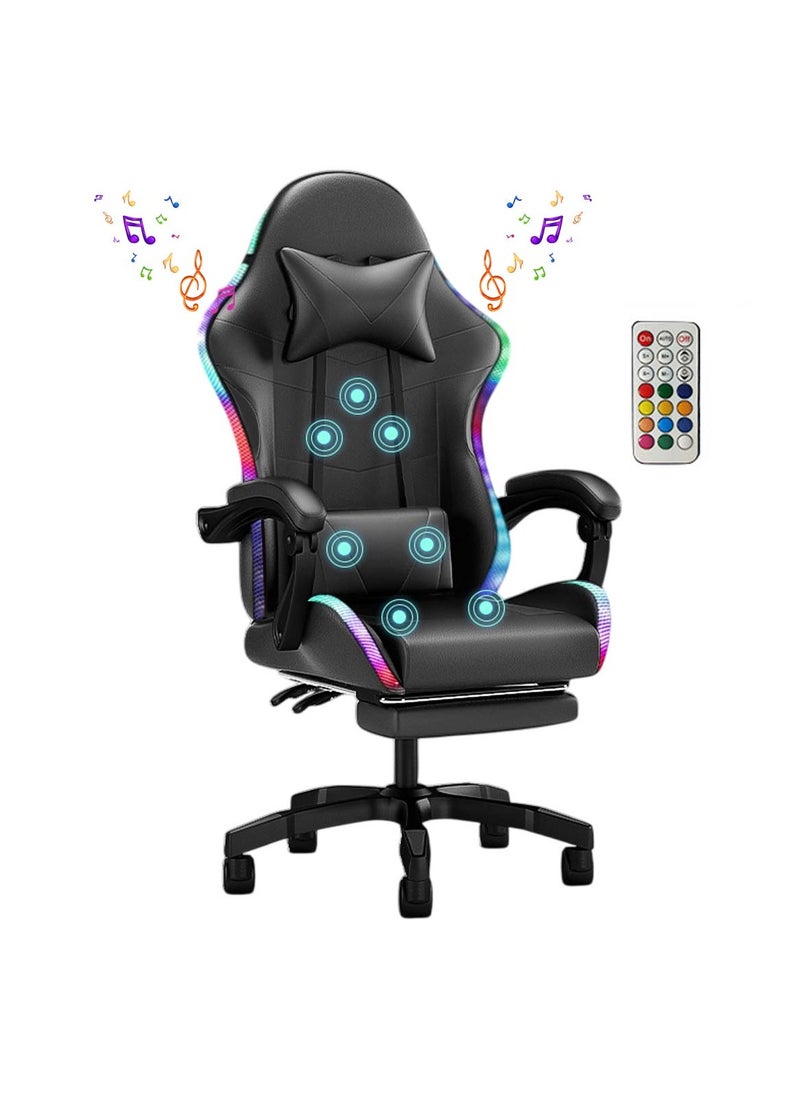 Ergonomic Gaming Chair with Footrest, 7-Point Massage, and LED Lights Bluetooth Black
