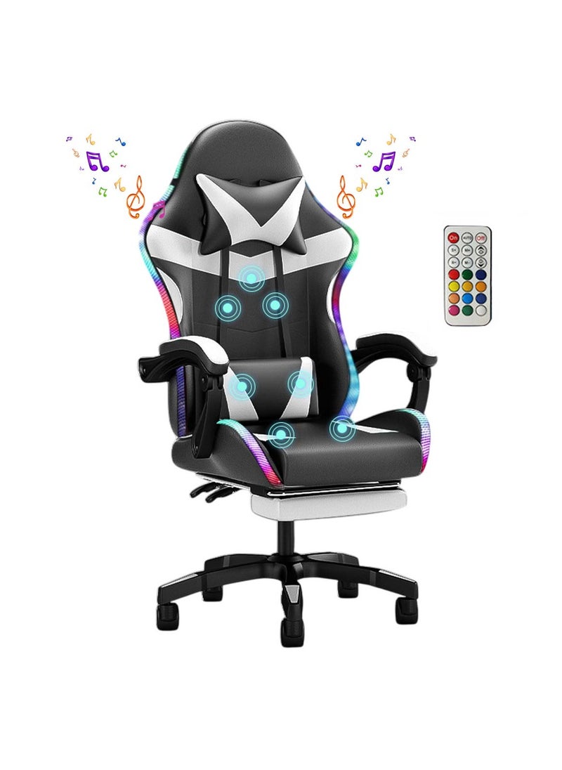 Ergonomic Gaming Chair with Footrest, 7-Point Massage, and LED Lights Bluetooth Black And White