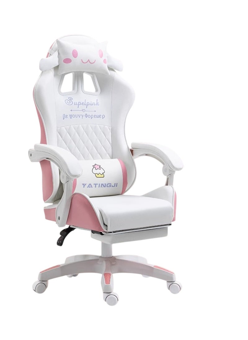White & Pink Cartoon Gaming Chair with Footrest Ergonomic Comfort for Study & Gaming