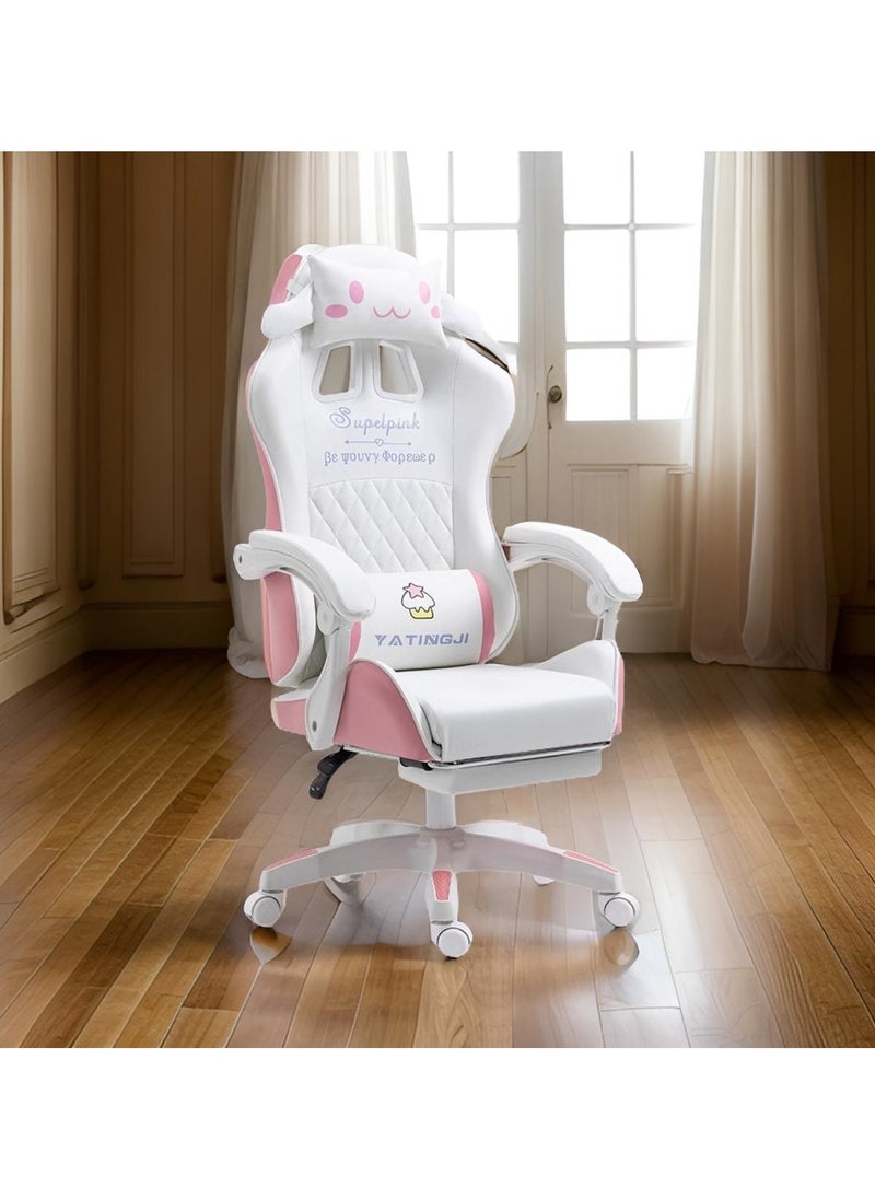 White & Pink Cartoon Gaming Chair with Footrest Ergonomic Comfort for Study & Gaming