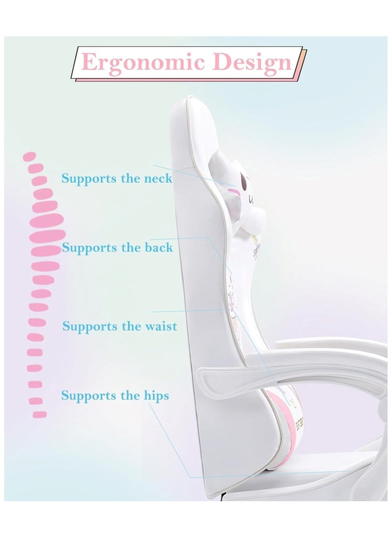 White & Pink Cartoon Gaming Chair with Footrest Ergonomic Comfort for Study & Gaming