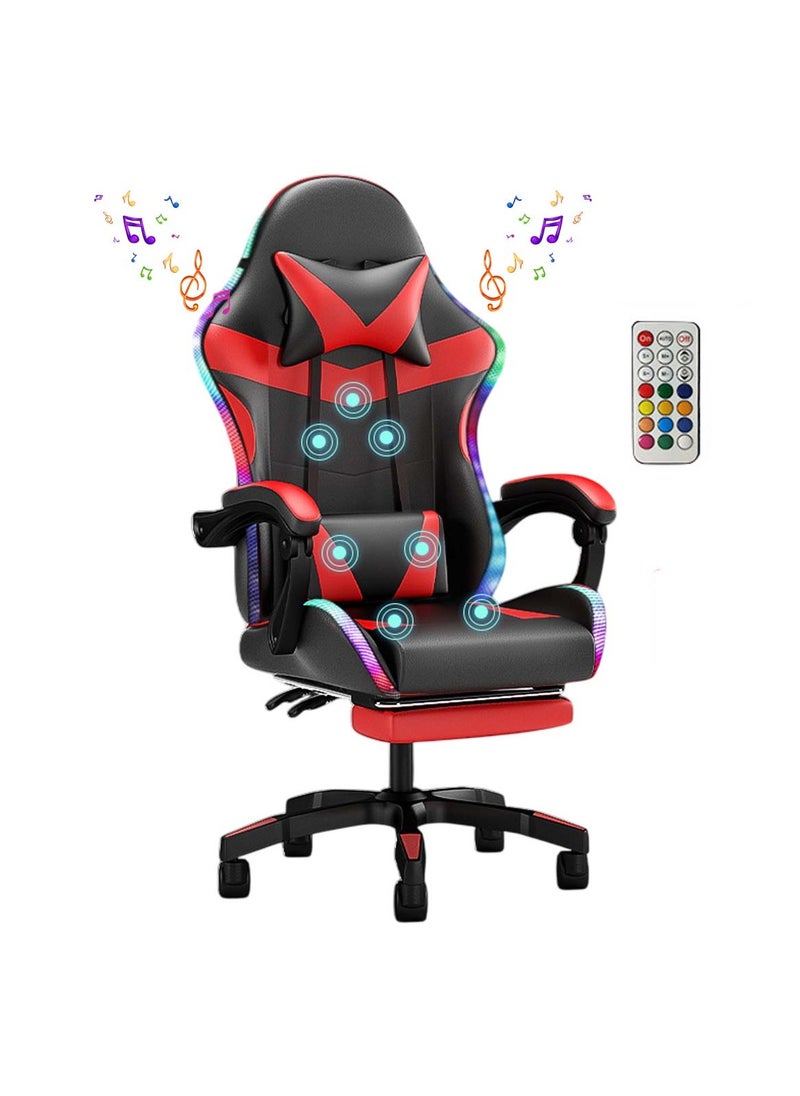Ergonomic Gaming Chair with Footrest, 7-Point Massage, and LED Lights Bluetooth Black And Red