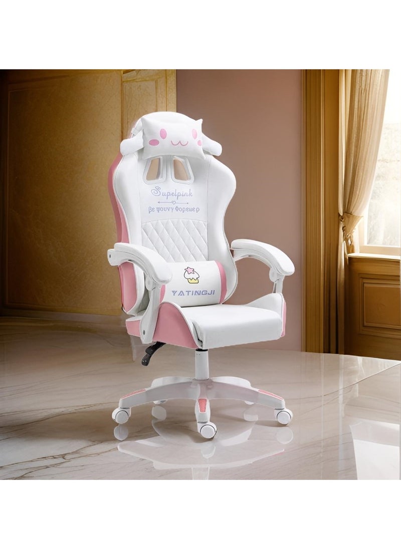 White & Pink Cartoon Gaming Chair Ergonomic Comfort for Study & Gaming