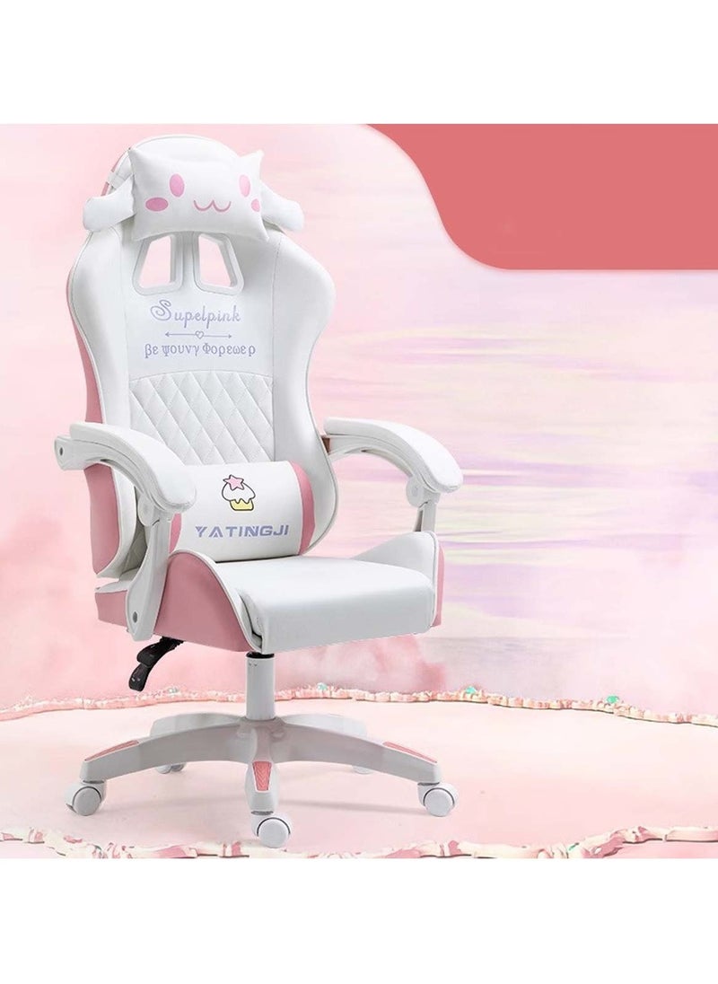White & Pink Cartoon Gaming Chair Ergonomic Comfort for Study & Gaming