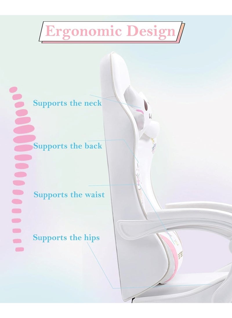 White & Pink Cartoon Gaming Chair Ergonomic Comfort for Study & Gaming