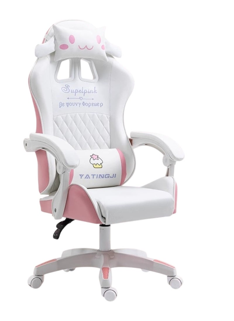 White & Pink Cartoon Gaming Chair Ergonomic Comfort for Study & Gaming