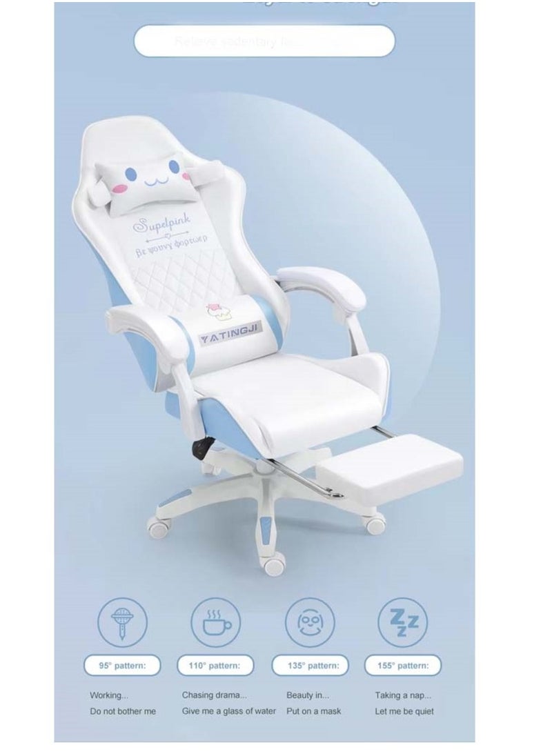 White & Blue Cartoon Gaming Chair with Footrest Ergonomic Comfort for Study & Gaming
