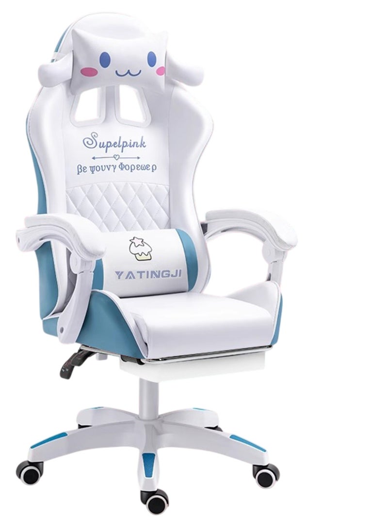 White & Blue Cartoon Gaming Chair with Footrest Ergonomic Comfort for Study & Gaming