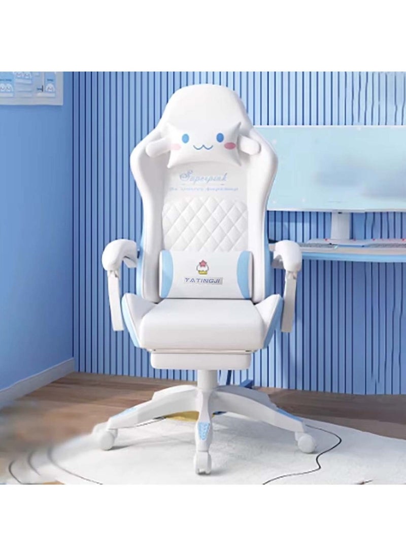 White & Blue Cartoon Gaming Chair with Footrest Ergonomic Comfort for Study & Gaming