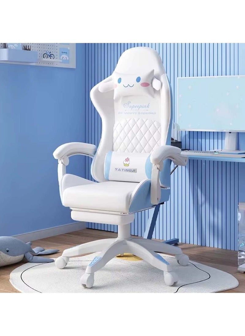 White & Blue Cartoon Gaming Chair with Footrest Ergonomic Comfort for Study & Gaming