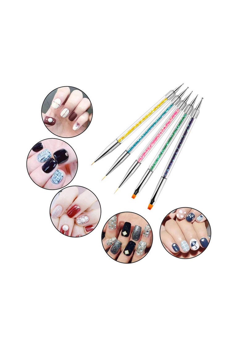 Nail Art Brushes, Double Ended Brush & Dotting Tool Kit, Including Nail Liner Brush and Nail Dotting Pens for Nail Art Nail Salon 5Pcs