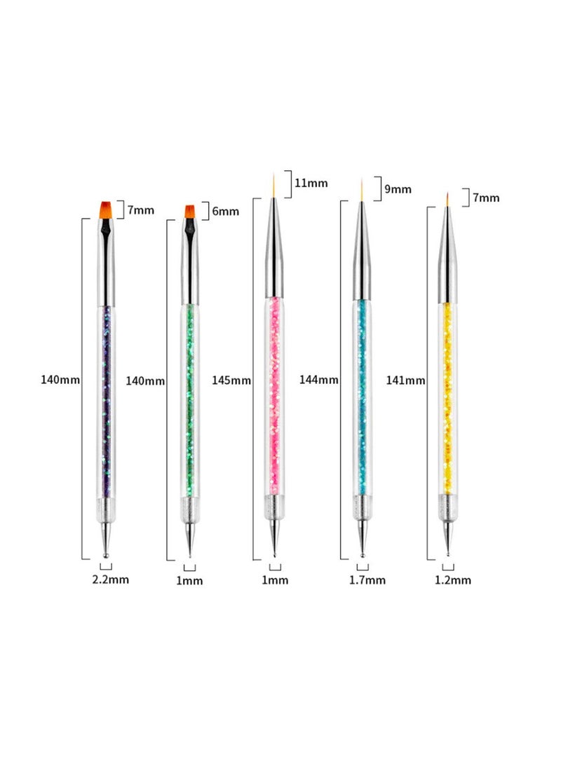 Nail Art Brushes, Double Ended Brush & Dotting Tool Kit, Including Nail Liner Brush and Nail Dotting Pens for Nail Art Nail Salon 5Pcs