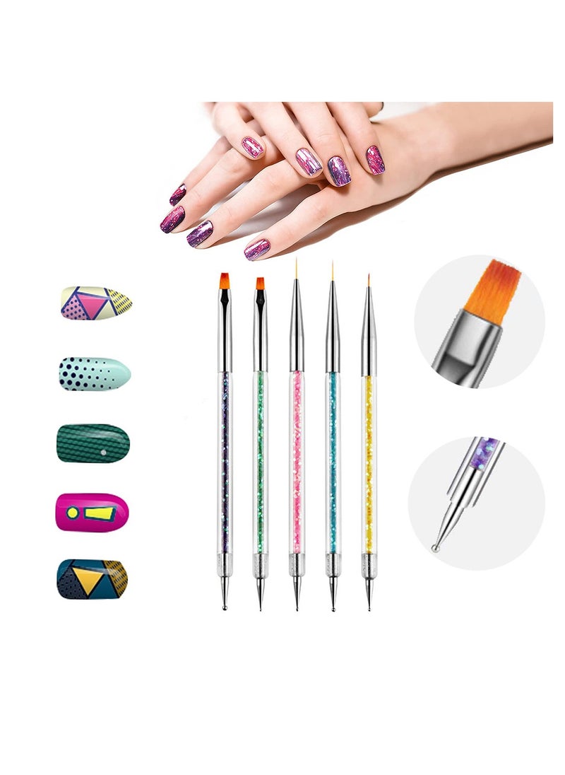 Nail Art Brushes, Double Ended Brush & Dotting Tool Kit, Including Nail Liner Brush and Nail Dotting Pens for Nail Art Nail Salon 5Pcs