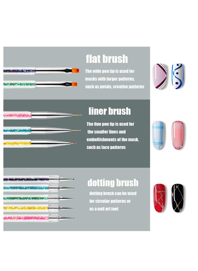 Nail Art Brushes, Double Ended Brush & Dotting Tool Kit, Including Nail Liner Brush and Nail Dotting Pens for Nail Art Nail Salon 5Pcs