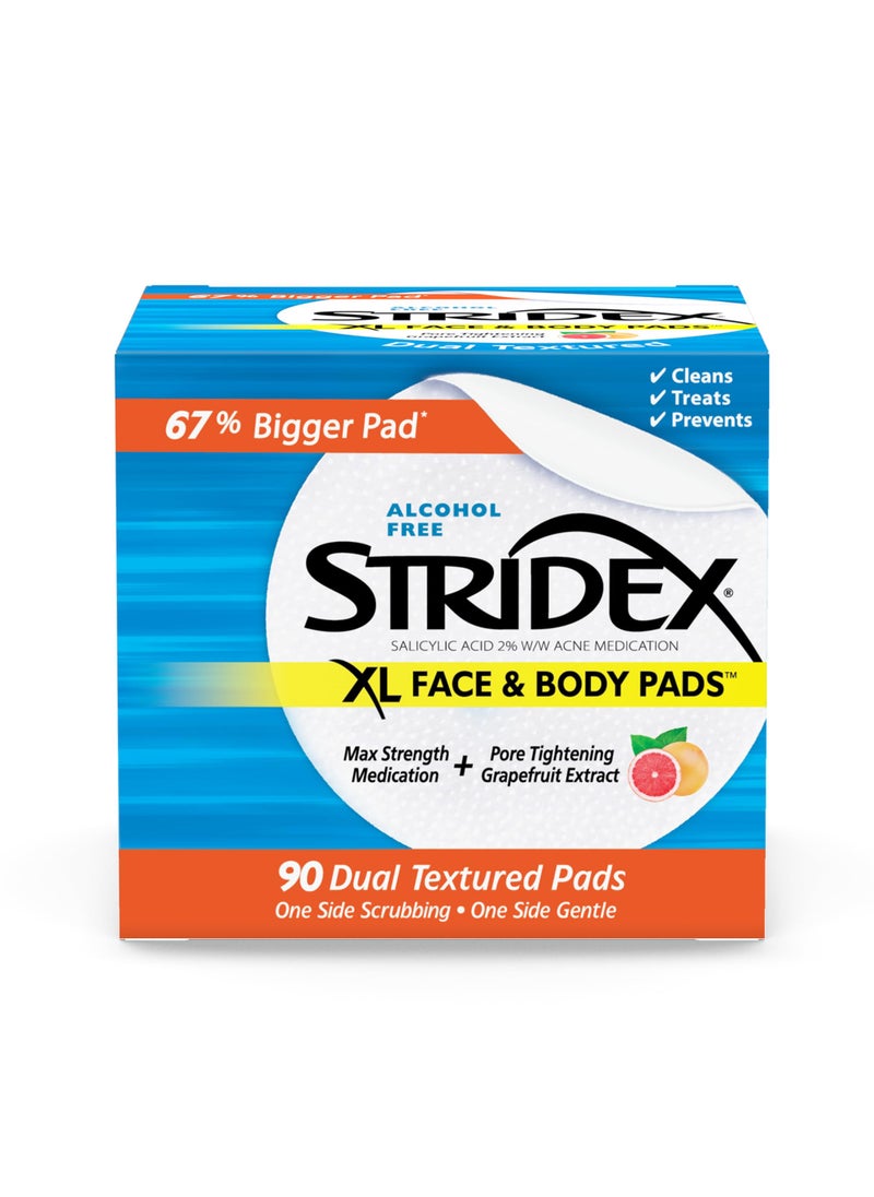 Stridex XL Face & Body Pads, 90 Count, Maximum Strength, Facial Cleansing Wipes, Alcohol-Free Face Pads, Acne Treatment for Face & Body, Dual Textured Pads, Smooth Application