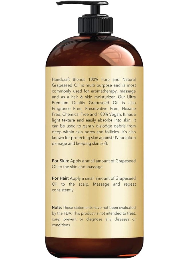 Handcraft Grapeseed Oil - 100% Pure And Natural - Premium Therapeutic Grade Carrier Oil For Aromatherapy, Massage, Moisturizing Skin And Hair - 473 Ml