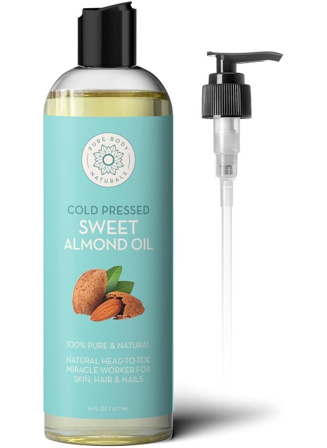 Sweet Almond Oil For Hair And Skin, 100% Pure And Cold Pressed, Hexane Free, Skin Moisturizer, Nails, Therapeutic Massage, Carrier Oil - By 16 Fl. Ounce (Label Varies)