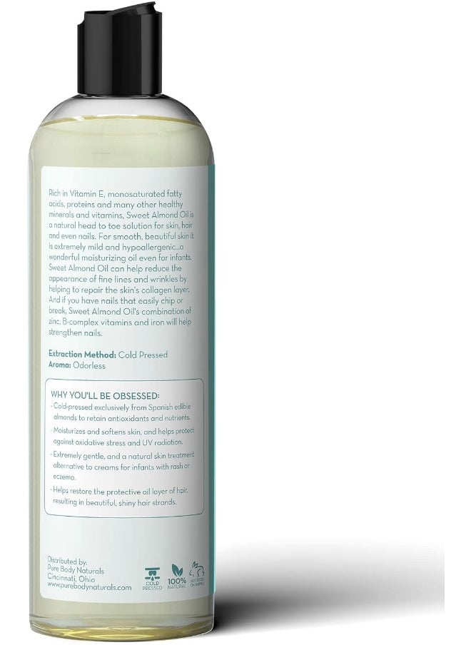 Sweet Almond Oil For Hair And Skin, 100% Pure And Cold Pressed, Hexane Free, Skin Moisturizer, Nails, Therapeutic Massage, Carrier Oil - By 16 Fl. Ounce (Label Varies)