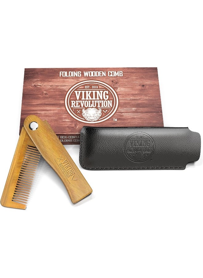 Folding Beard Comb w/Carrying Pouch for Men - All Natural Wooden Beard Comb w/Gift Box - Green Sandalwood Comb for Grooming & Combing Hair, Beards and Mustaches by Viking Revolution