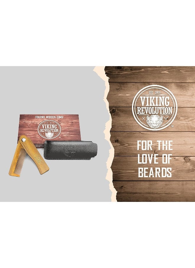 Folding Beard Comb w/Carrying Pouch for Men - All Natural Wooden Beard Comb w/Gift Box - Green Sandalwood Comb for Grooming & Combing Hair, Beards and Mustaches by Viking Revolution