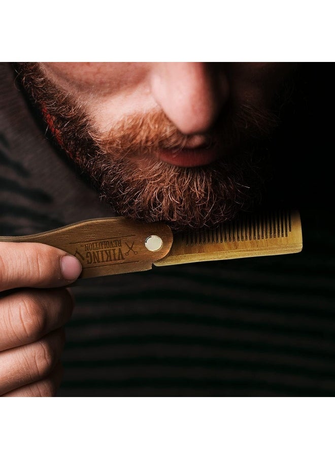 Folding Beard Comb w/Carrying Pouch for Men - All Natural Wooden Beard Comb w/Gift Box - Green Sandalwood Comb for Grooming & Combing Hair, Beards and Mustaches by Viking Revolution
