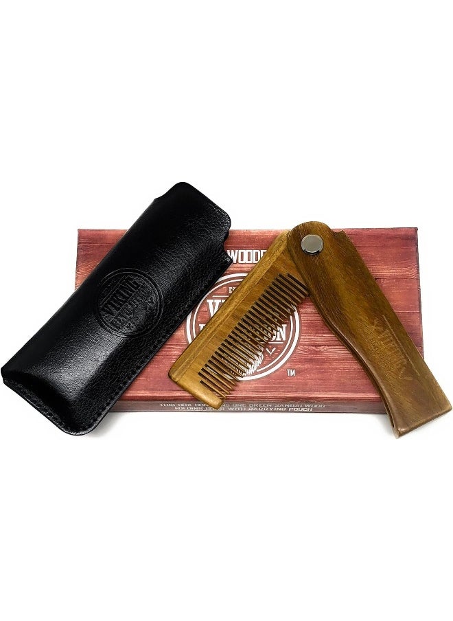 Folding Beard Comb w/Carrying Pouch for Men - All Natural Wooden Beard Comb w/Gift Box - Green Sandalwood Comb for Grooming & Combing Hair, Beards and Mustaches by Viking Revolution